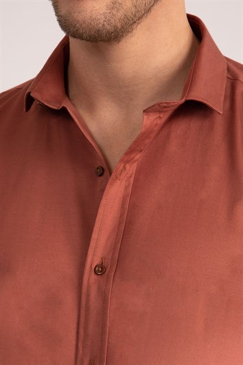 Slim Fit Dar Kesim Likralı Düz Saten Erkek Gömlek