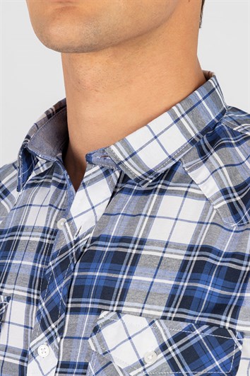 Slim Fit Kısa Kol Ekose Çift Cep Kapaklı Teksas Model Erkek Gömlek
