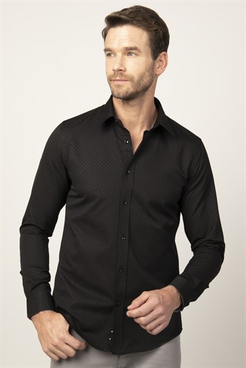 Slim Fit Uzun Kol Armürlü Yaka İçi Biyeli Erkek Gömlek