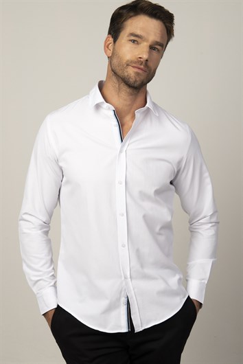 Slim Fit Uzun Kol Armürlü Düğme Patı Manşet İçi Biyeli Erkek Gömlek