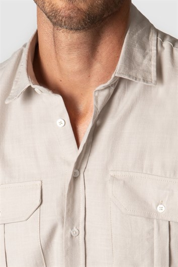 Klasik Fıt Uzun Kol Çift Cep Keten Efekt Erkek Gömlek