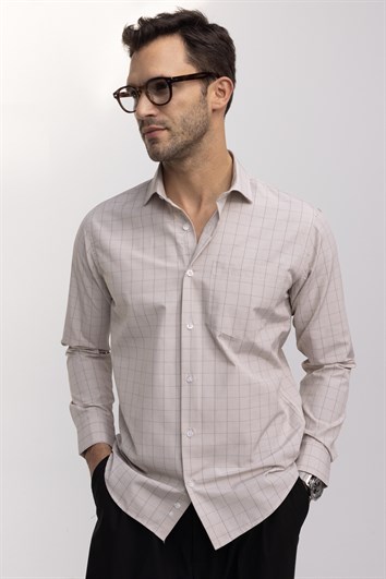 Klasik Fit  İnce Çizgili Pamuklu Kravatlık Yaka Erkek  Gömlek