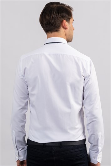 Modern Slim Fit Kendinden Desenli Düz Beyaz Gömlek