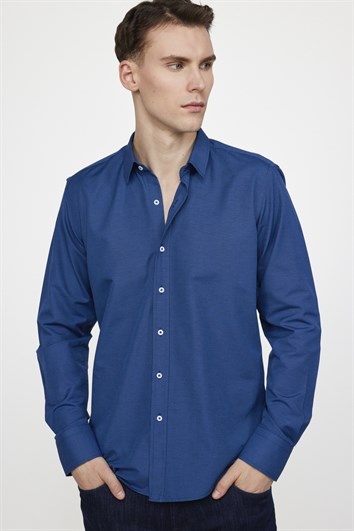 Modern Slim Fit Pamuklu Kolay Ütü Armürlü Erkek İndigo Gömlek