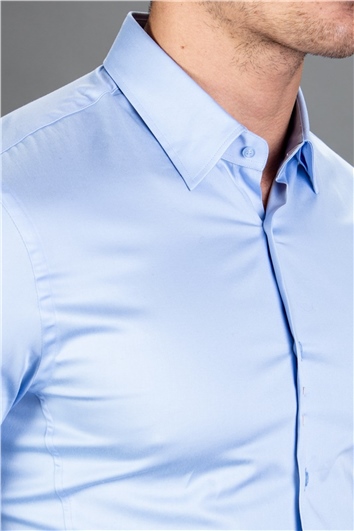 Süper Slim Fit Dar Kesim Likralı Düz Saten Erkek Gömlek