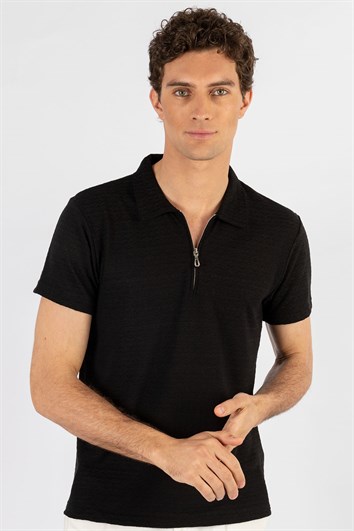 Slim Fit Hajar Desenli Fermuarlı Polo Yaka Erkek T-Shirt
