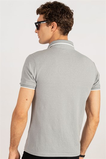 Slim Fit Dar Kesim Gizli Düğme, Çizgili Polo Yaka Erkek T-Shirt