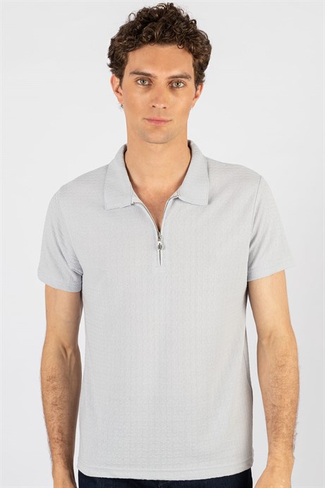 Slim Fit Hajar Desenli Fermuarlı Polo Yaka Erkek T-Shirt